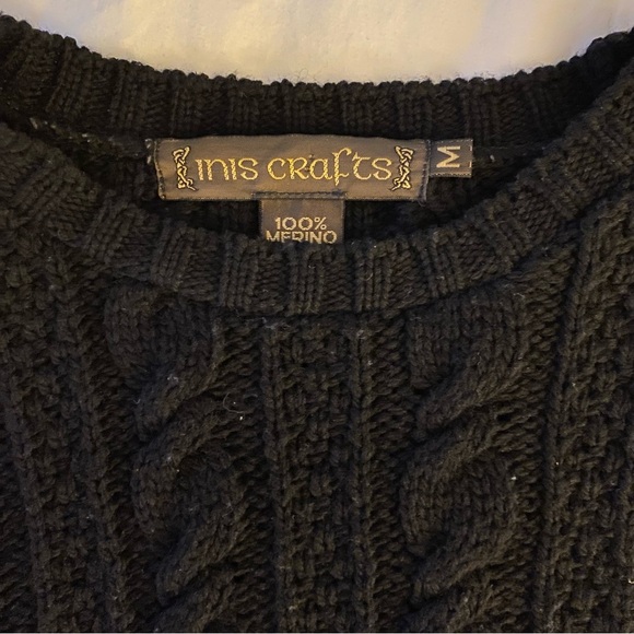 Inis Crafts Sweater Women M Wool Crew Fisherman Knit Crop Black Pullover Ireland - Picture 5 of 7